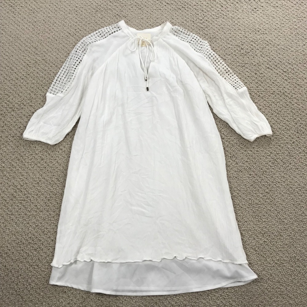 Maeve Anthropologie White‎ Crochet Lace Crinkle Rayon Shift Dress XS Boho Mini